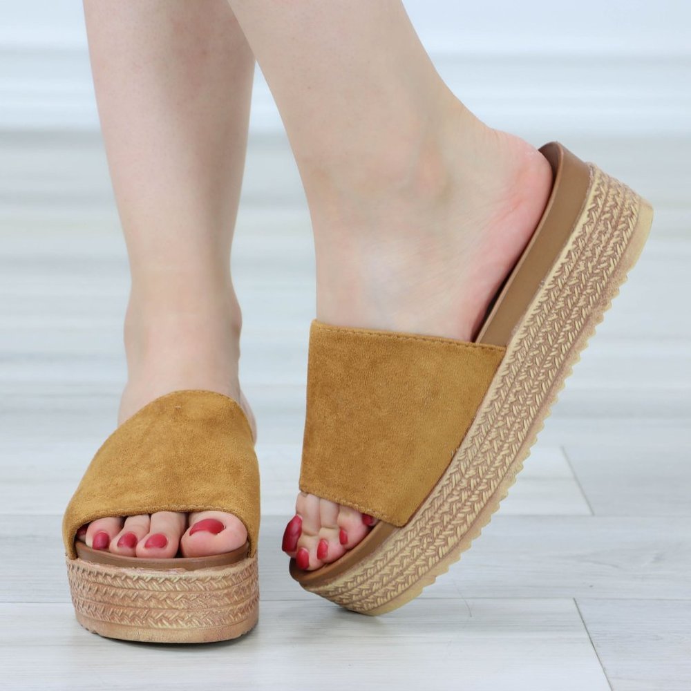 Faux Suede Tan Comfort Platform Sandal Slip On Sliders - Picture 4 of 14